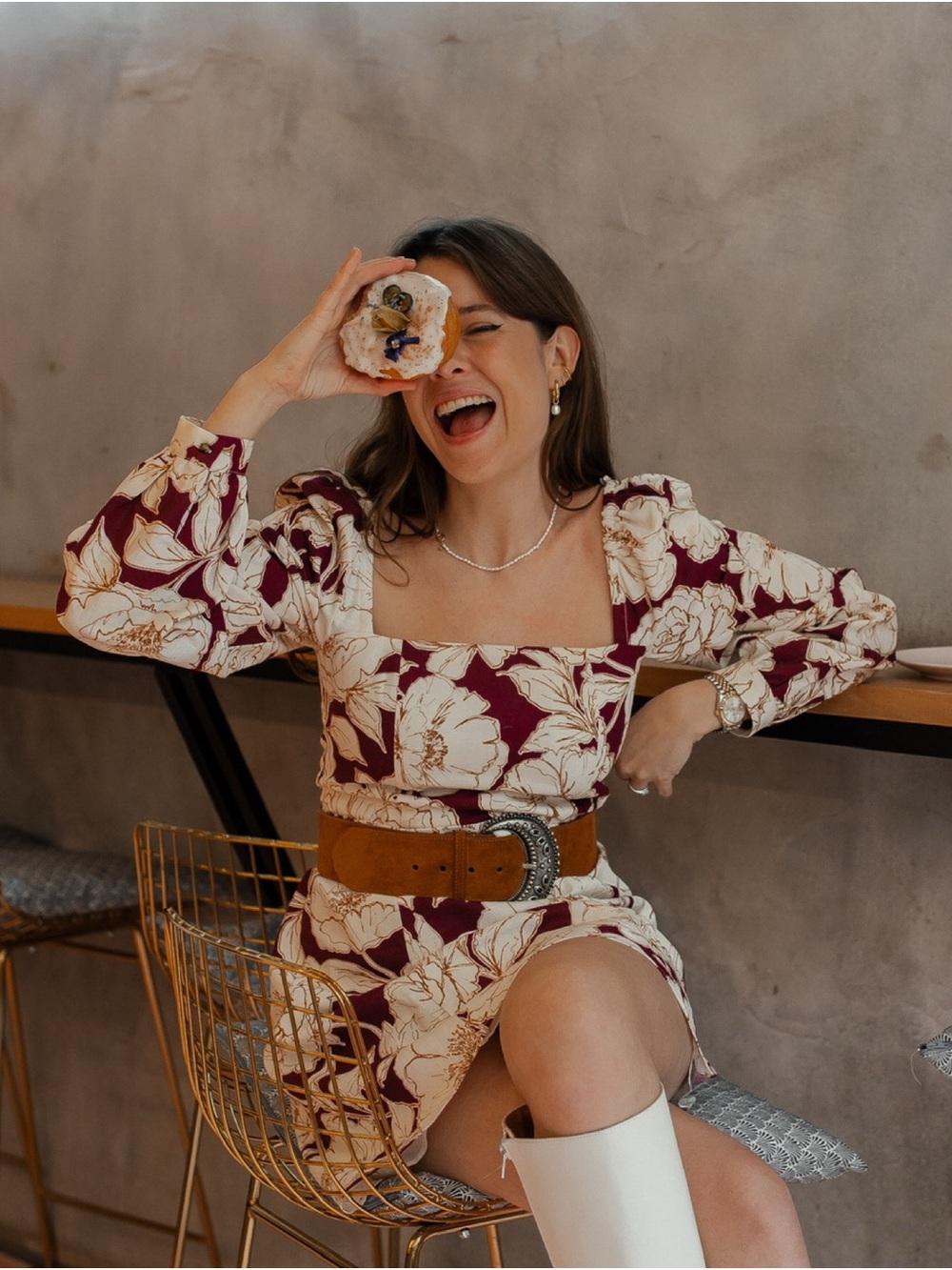 Sezane Floral Mini Dress in Burgundy and Cream